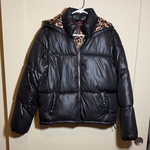 Ci Sono Black Puffer Jacket with Leopard Print